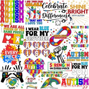 K&ouml;nnte beinhalten: Eine Sammlung farbenfroher digitaler Designs mit Puzzle-Teilen und Texten zum Thema Autismus-Bewusstsein. Die Designs beinhalten S&auml;tze wie "Ich trage Blau f&uuml;r meinen Bruder", "Autismus ist meine Superkraft" und "Feiert Unterschiede".