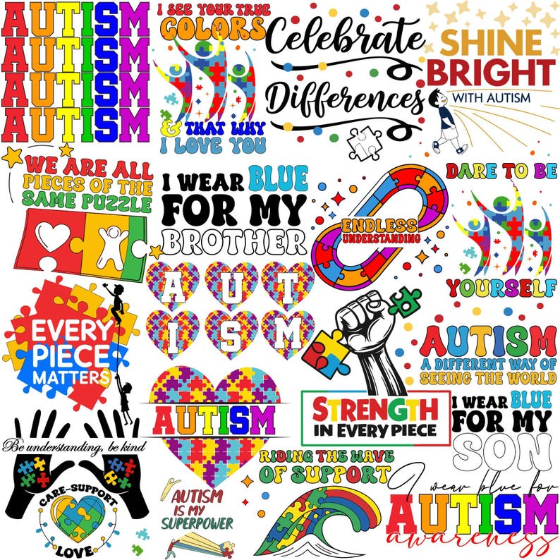 K&ouml;nnte beinhalten: Eine Sammlung farbenfroher digitaler Designs mit Puzzle-Teilen und Texten zum Thema Autismus-Bewusstsein. Die Designs beinhalten S&auml;tze wie "Ich trage Blau f&uuml;r meinen Bruder", "Autismus ist meine Superkraft" und "Feiert Unterschiede".