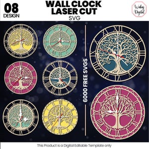 May include: A selection of laser-cut wall clock designs with a tree of life theme. The clocks display Roman numerals and are presented in various colours, such as yellow, teal, and pink. The image includes the text "WALL CLOCK LASER CUT SVG" and "6000 FREE SVGS".