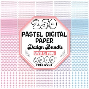 May include: A digital paper bundle with 250 pastel colored patterns. The patterns include triangles, stars, hearts, and other geometric shapes. The text on the image reads "250 Pastel Digital Paper Design Bundle SVG & PNG 6000+ FREE SVGS".