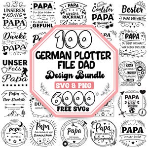 Könnte beinhalten: Eine Sammlung schwarz-weißer Designs zum Thema Vatertag im deutschen Stil. Das Bild zeigt verschiedene textbasierte Grafiken, darunter das Wort "Papa" in verschiedenen Schriftarten und -stilen, zusammen mit Phrasen und dekorativen Elementen. Das zentrale Design ist ein rosa Achteck mit dem Text "100 GERMAN PLOTTER FILE DAD Design Bundle SVG & PNG 6000 FREE SVGs."