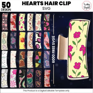 May include: A set of 50 digital designs for heart-themed hair clips. The designs feature various patterns with hearts, flowers, stars, and other motifs in a variety of colours. The designs are perfect for creating personalised hair clips.