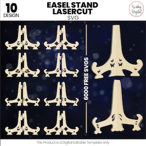 Può includere: Dieci diversi design per cavalletti da taglio laser. I cavalletti sono in legno e hanno un design semplice ed elegante. I design includono una varietà di forme e dimensioni, e alcuni presentano elementi decorativi come farfalle.