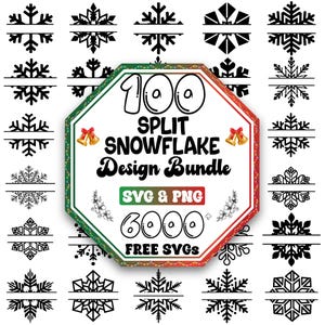 Pode incluir: Uma coleção de desenhos de flocos de neve em preto e branco, divididos ao meio, dispostos em torno de um octógono central. O octógono tem uma borda vermelha e verde e contém o texto "100 Split Snowflake Design Bundle SVG & PNG 6000 FREE SVGs".