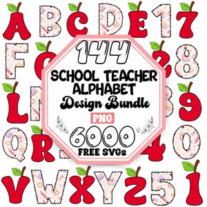 Könnte beinhalten: Ein digitales Design-Bundle mit Alphabet und Zahlen, wobei jeder Buchstabe und jede Zahl ein rotes Apfeldesign hat. Die Buchstaben und Zahlen sind mit Mustern zum Thema Schule verziert. Die zentrale Grafik lautet "SCHOOL TEACHER ALPHABET Design Bundle".