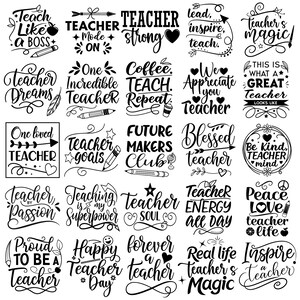 May include: A collection of black and white teacher-themed designs. The designs feature phrases like "Teach Like a Boss," "Teacher Strong," and "Future Makers Club." These designs are perfect for creating teacher appreciation gifts.