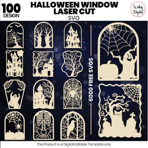 May include: A collection of laser-cut Halloween-themed designs. The designs include silhouettes of haunted houses, trees, ghosts, spiders, bats, and pumpkins. The text on the image reads "Halloween Window Laser Cut SVG" and "100 Design".