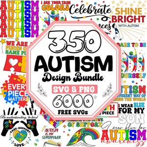K&ouml;nnte beinhalten: Ein digitales Design-Paket f&uuml;r das Bewusstsein f&uuml;r Autismus mit 350 SVG- und PNG-Dateien. Das Paket enth&auml;lt Designs mit Puzzle-Teilen, Regenb&ouml;gen und dem Text "Autismus ist meine Superkraft".