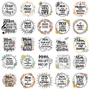 K&ouml;nnte beinhalten: Eine Sammlung von 25 bunten, illustrierten Muttertagskarten mit verschiedenen Botschaften der Liebe und Wertsch&auml;tzung. Die Karten zeigen Blumenmuster, Herzen und andere dekorative Elemente.