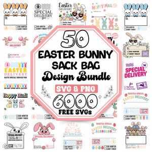 May include: A pink and white octagon with the text "50 Easter Bunny Sack Bag Design Bundle SVG & PNG 6000+ FREE SVGS" in black. The image features a variety of Easter bunny designs with different colours and patterns. The designs include bunnies holding signs, bunnies with sunglasses, and bunnies with Easter eggs. The designs are perfect for creating Easter crafts, decorations, and gifts.