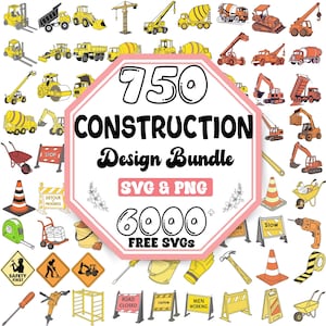 Könnte beinhalten: Ein rosa Achteck mit dem Text "750 Construction Design Bundle SVG & PNG 6000+ FREE SVGS" in Schwarzweiß. Das Bild ist von einer Vielzahl von Illustrationen zum Thema Bau umgeben, darunter Werkzeuge, Fahrzeuge und Schilder.