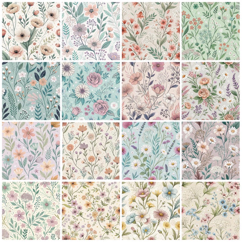 Vintage Floral Seamless Pattern Bundle: Printable Digital Paper (PDF ...