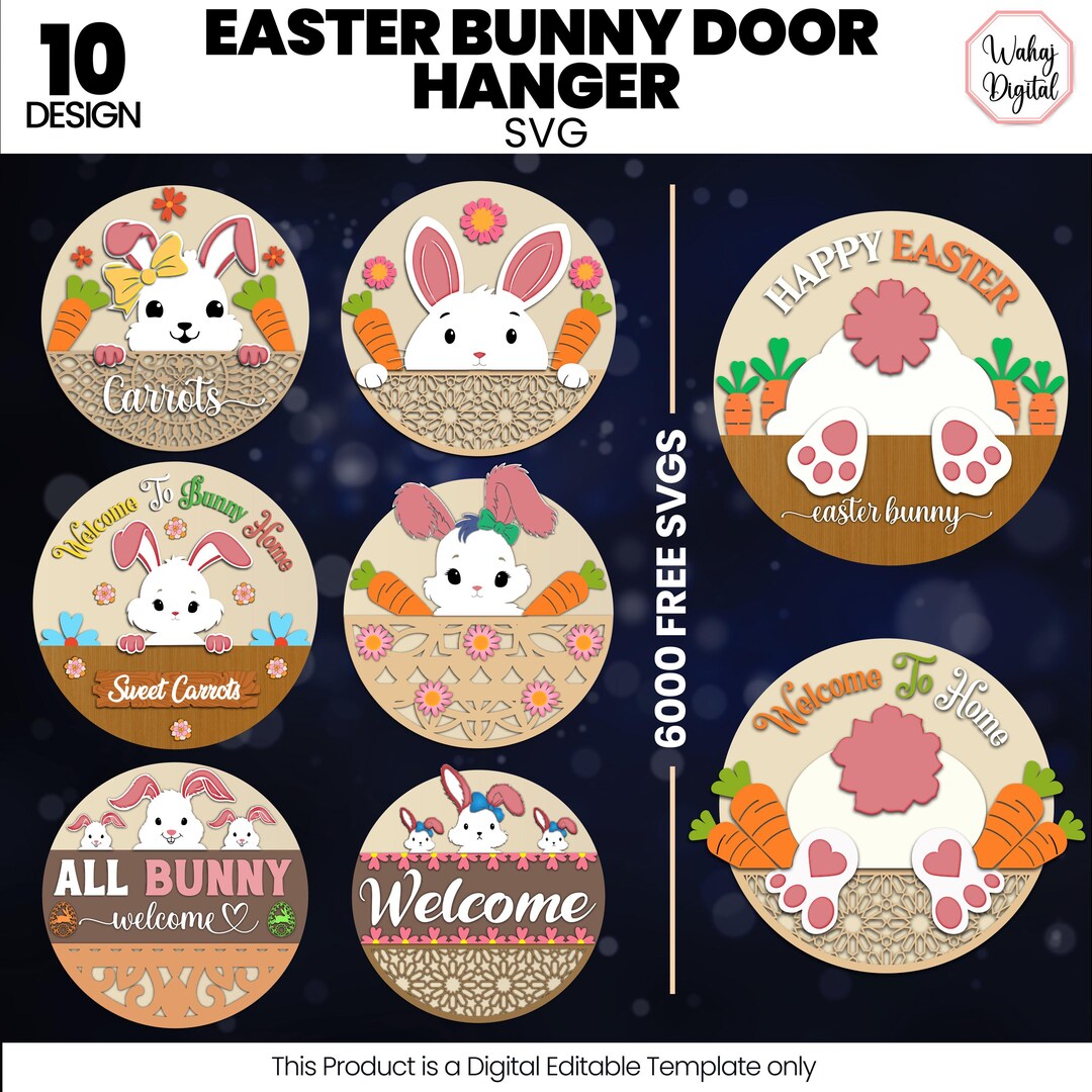 Easter Bunny Door Hanger SVG Bundle: Floral Welcome Sign (digital ...
