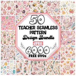 Puede incluir: Un conjunto de 50 diseños de patrones sin costuras con temática de profesores en varios colores pastel. Los patrones incluyen ilustraciones de manzanas, lápices, abejas y otros elementos relacionados con la escuela. La imagen también incluye el texto "Teacher Seamless Pattern Design Bundle" y "6000 Free SVGs".