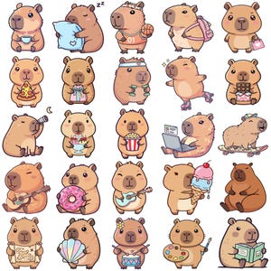 May include: A collection of cartoon capybaras in various poses and activities. Some capybaras are holding objects like a cup, pillow, basketball, backpack, pizza, gift, dumbbells, roller skates, chocolate bar, ice cream, guitar, donut, popcorn, laptop, skateboard, map, seashell, drum, palette, and book.