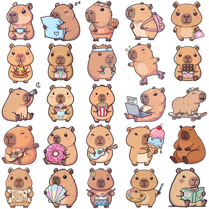 May include: A collection of cartoon capybaras in various poses and activities. Some capybaras are holding objects like a cup, pillow, basketball, backpack, pizza, gift, dumbbells, roller skates, chocolate bar, ice cream, guitar, donut, popcorn, laptop, skateboard, map, seashell, drum, palette, and book.