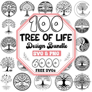 Puede incluir: Una colección de 100 diseños de árbol de la vida en blanco y negro. Los diseños están en un círculo y presentan varios estilos de árboles con raíces, ramas y hojas. El texto "100 Tree of Life Design Bundle SVG & PNG 6000+ FREE SVGS" está en un octógono rosa.