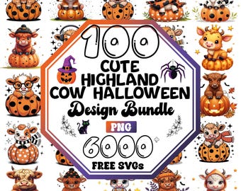 Cute Highland Cow Halloween Png Bundle |Fall Retro Halloween Cow Png |Halloween Pumpkin Png |Ghost Cow Png |Vintage Halloween Png