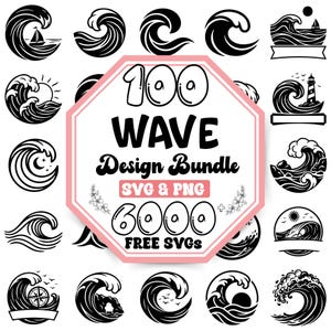 Op de afbeelding: Een digitale collectie van 100 zwart-witte golfontwerpen met diverse nautische elementen zoals zeilboten, vuurtorens, zonnen en manen. De centrale tekst luidt 100 WAVE Design Bundle SVG & PNG 6000 FREE SVGS, gepresenteerd in een roze achthoek.