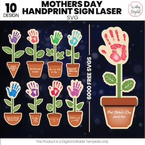 Letrero láser con huella de mano para el Día de la Madre (Svg) / Regalos para el Día de la Madre (Svg) / Manualidades con huella de mano para niños (Svg) / Primer día de la madre (Svg) / Regalo de arte para niños