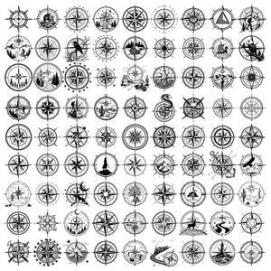 May include: A set of 100 black and white compass illustrations. Each compass features a unique design with various elements, including arrows, stars, mountains, and nautical symbols.