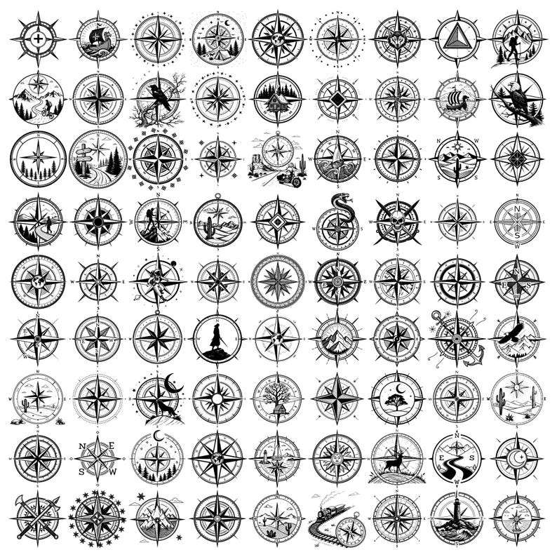 May include: A set of 100 black and white compass illustrations. Each compass features a unique design with various elements, including arrows, stars, mountains, and nautical symbols.