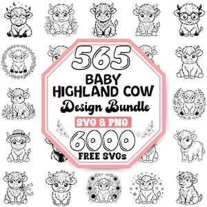 Puede incluir: Un paquete de diseño digital que incluye 565 ilustraciones de terneros Highland en arte lineal en blanco y negro. El gráfico central muestra el texto 565 BABY HIGHLAND COW Design Bundle SVG & PNG 6000 FREE SVGS, rodeado de varios motivos de vacas.