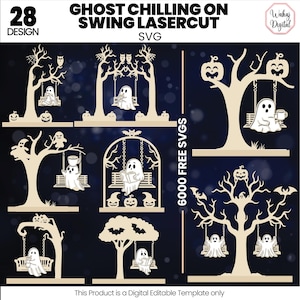 May include: A selection of laser-cut designs showing ghosts on swings, pumpkins, and trees. The designs include the text "GHOST CHILLING ON SWING LASERCUT SVG" and "28 DESIGN". The image is a digital editable template.