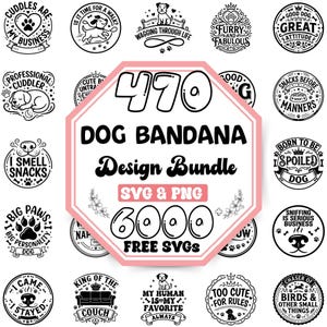 Könnte beinhalten: Eine digitale Sammlung von 470 Hundehalstuch-Designs mit schwarz-weißen kreisförmigen Grafiken, verschiedenen hundespezifischen Sprüchen und Illustrationen, zentriert um ein achteckiges rosa Feld mit dem Text 470 DOG BANDANA Design Bundle.