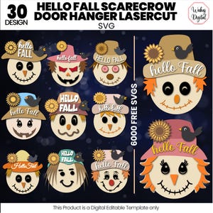 May include: A collection of 30 scarecrow door hanger designs for fall. Each design features a scarecrow face with a hat, sunflower, and a crow. The text "Hello Fall" is included on each design. The image also includes the text "SVG".