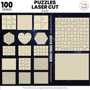 Pode incluir: Um conjunto de 100 designs de quebra-cabeças cortados a laser em formato SVG. Os designs incluem várias formas, como quadrados, corações e hexágonos, e apresentam peças de quebra-cabeças intrincadas. O texto "6000 FREE SVGS" é visível no lado direito da imagem.