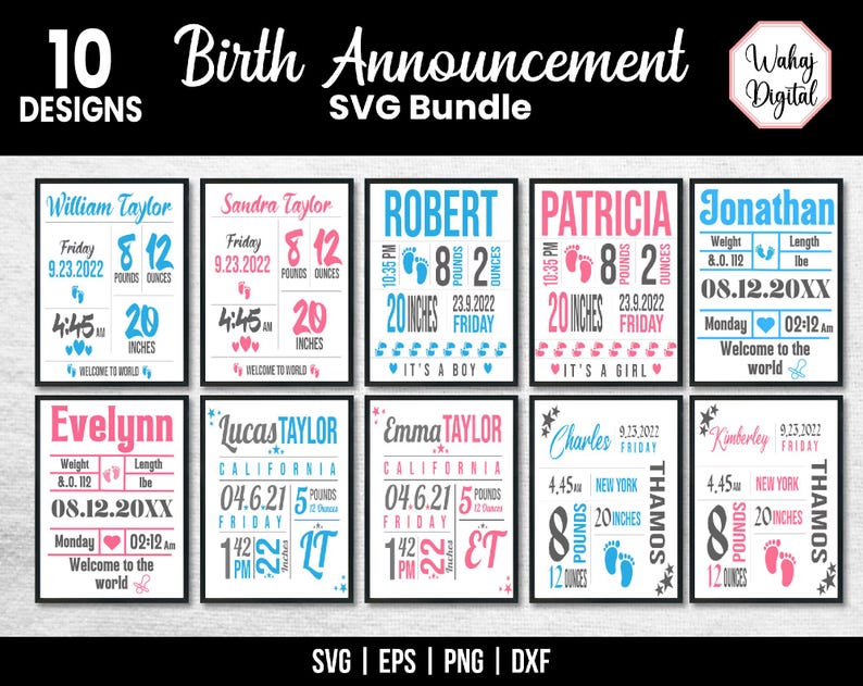 Birth Announcement SVG Bundle: Baby Stats Chart, Elephant Design ...