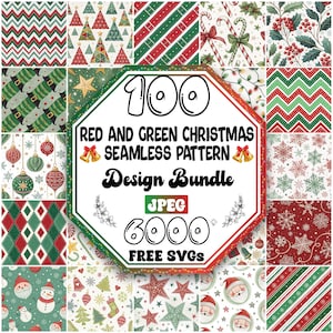 May include: A collection of red and green Christmas-themed seamless patterns. The image features various designs, including Christmas trees, ornaments, and snowflakes. The central graphic reads "100 Red and Green Christmas Seamless Pattern Design Bundle, JPEG, 6000 Free SVGs."