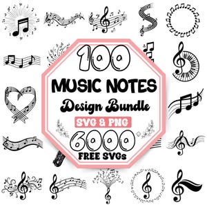 Può includere: Un pacchetto di design digitale contenente 100 note musicali e simboli in bianco e nero. Il grafico ottagonale centrale mostra il testo 100 MUSIC NOTES Design Bundle SVG & PNG 6000 FREE SVGS, circondato da varie icone musicali e chiavi.