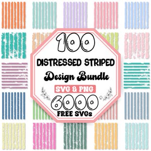 May include: A digital graphic featuring a central octagonal frame with the text 100 DISTRESSED STRIPED Design Bundle SVG & PNG 6000+ FREE SVGS, surrounded by a variety of colorful, distressed vertical and horizontal striped patterns in pastel tones.