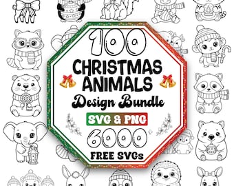 May include: Black and white illustration of various Christmas animals, including a deer, penguin, squirrel, and tiger. The image features a central sign that reads "100 Christmas Animals Design Bundle" with "SVG & PNG" and "6000 FREE SVGs" below.