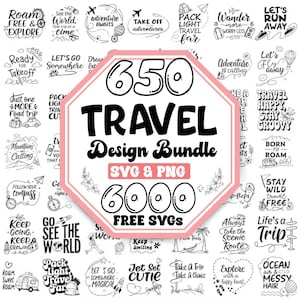 Könnte beinhalten: Eine digitale Sammlung von 650 reisebezogenen Grafikdesigns in Schwarz-Weiß. Das zentrale, rosa umrandete Achteck zeigt den Text 650 TRAVEL Design Bundle SVG & PNG 6000 FREE SVGS, umgeben von verschiedenen Reisezitaten und Illustrationen.