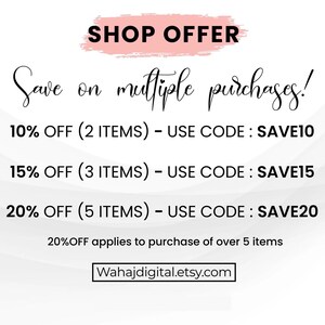 K&ouml;nnte beinhalten: Eine rosa und wei&szlig;e Grafik mit dem Text "SHOP OFFER" in Schwarz. Der Text "Save on multiple purchases!" ist in Kursivschrift geschrieben. Die Grafik listet Rabatte f&uuml;r Mehrfachk&auml;ufe mit entsprechenden Rabattcodes auf: 10% Rabatt (2 Artikel) - Code verwenden: SAVE10, 15% Rabatt (3 Artikel) - Code verwenden: SAVE15, 20% Rabatt (5 Artikel) - Code verwenden: SAVE20. Der Text "20%OFF applies to purchase of over 5 items" ist in Schwarz geschrieben. Der Text "Wahajdigital.etsy.com" ist in Schwarz geschrieben.
