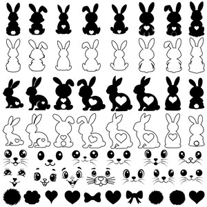 May include: A set of black and white bunny silhouette clip art images. The images include bunnies with hearts, bunnies with bows, and bunnies with different facial expressions. There are also images of eyes, noses, mouths, hearts, bows, and a bow tie.