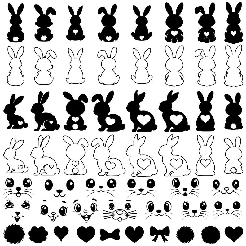 May include: A set of black and white bunny silhouette clip art images. The images include bunnies with hearts, bunnies with bows, and bunnies with different facial expressions. There are also images of eyes, noses, mouths, hearts, bows, and a bow tie.