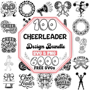 Könnte beinhalten: Ein digitales Design-Paket mit 100 Cheerleader-Grafiken in Schwarz-Weiß. Der zentrale Text lautet 100 CHEERLEADER Design Bundle SVG & PNG 6000 FREE SVGS. Um den Text herum befinden sich verschiedene Illustrationen von Pompons, Megafonen, Schleifen und Cheerleadern.
