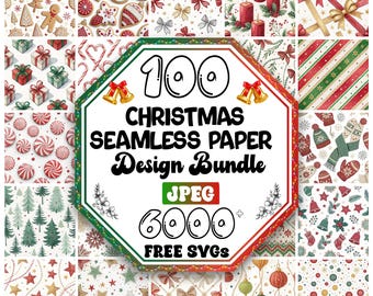 May include: A collection of Christmas-themed seamless paper designs. The image features various patterns including gingerbread men, ornaments, bows, gifts, and candy canes. The central graphic reads "100 Christmas Seamless Paper Design Bundle" with "JPEG" and "6000 FREE SVGs".