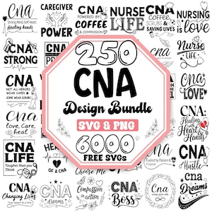 Pode incluir: Um pacote de design gráfico em preto e branco para CNA. O pacote inclui 250 designs, 6000 SVGs gratuitos e está disponível nos formatos SVG e PNG. O texto "CNA Design Bundle" está em uma fonte grande e em negrito. O texto "SVG & PNG" está em uma fonte menor. O texto "6000 FREE SVGS" está em uma fonte grande e em negrito.