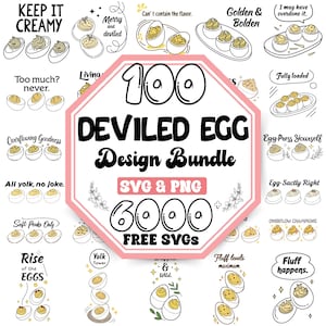 Può includere: Un pacchetto di design grafico rosa e bianco con illustrazioni di uova alla diavola e testo. Il design centrale recita "100 Deviled Egg Design Bundle" con "SVG & PNG" e "6000 FREE SVGs" sotto. Le immagini circostanti mostrano vari stili di uova alla diavola.