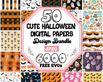 Paquete de patrones digitales sin costuras de Halloween adorables / Papel de patrones imprimible / Patrón con temática de fantasmas / Papel de fondo de Halloween / Patrón de calabaza