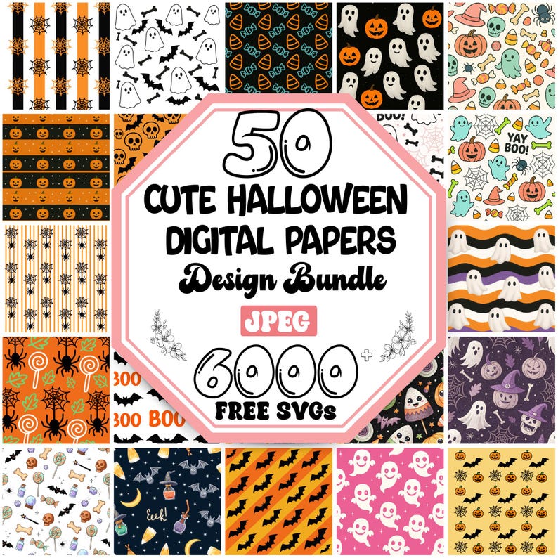 May include: A collection of 50 cute Halloween digital papers with various patterns, including ghosts, pumpkins, bats, and candy corn. The central image features the text "50 CUTE HALLOWEEN DIGITAL PAPERS Design Bundle" and "6000 FREE SVGs".
