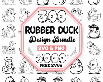 May include: A digital collection of 300 rubber duck designs in black and white line art. The central octagonal graphic features the text 300 RUBBER DUCK Design Bundle, SVG & PNG, and 6000+ FREE SVGS, surrounded by various duck illustrations.