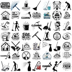 May include: A collection of 36 black and white cleaning logos. The logos feature various cleaning tools, such as brooms, mops, vacuums, and spray bottles. The logos also include text such as "Dust Busters", "Fresh Start Cleaning", "Cleaning Queen", "Deep Clean Experts", "Flawless Cleaning", "Dirt Be Gone", "Profino Clean Co.", "Your Mess, Our Mission", "Pure Touch Cleaning", "Fresh & Clean Co.", "Shiny Home", "Spotless Solutions", "Crystal Clear Services", and "Cleaning Crew on Duty".