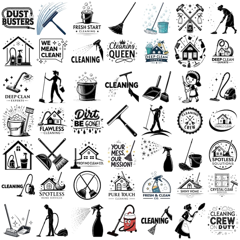 May include: A collection of 36 black and white cleaning logos. The logos feature various cleaning tools, such as brooms, mops, vacuums, and spray bottles. The logos also include text such as "Dust Busters", "Fresh Start Cleaning", "Cleaning Queen", "Deep Clean Experts", "Flawless Cleaning", "Dirt Be Gone", "Profino Clean Co.", "Your Mess, Our Mission", "Pure Touch Cleaning", "Fresh & Clean Co.", "Shiny Home", "Spotless Solutions", "Crystal Clear Services", and "Cleaning Crew on Duty".