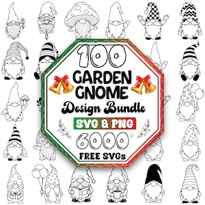 Könnte beinhalten: Eine Sammlung von schwarz-weißen Gartenzwerg-Designs. Das Bild zeigt verschiedene Zwerge mit unterschiedlichen Hüten, Bärten und Accessoires. Ein zentrales Schild lautet "100 Garden Gnome Design Bundle SVG & PNG 6000 FREE SVGs."